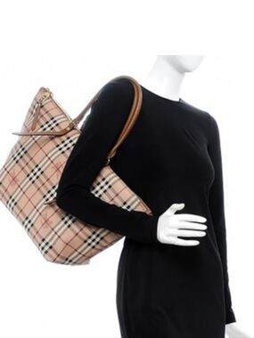 Burberry Beige Check Canvas Tote with Tan Leather Trim